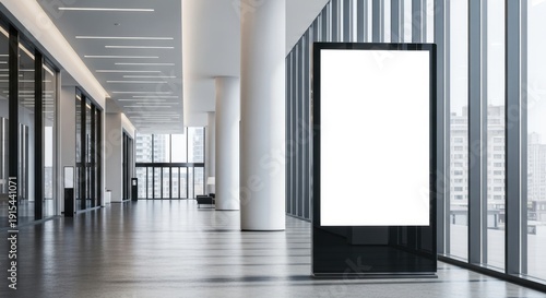 Blank vertical digital signage mockup standing in a modern, spacious corporate lobby or airport hallway, featuring large floor-to-ceiling windows, minimalist design, and bright lighting.