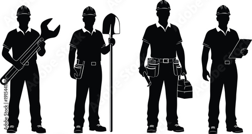 Construction worker silhouettes set with tools, wrench, shovel, toolbox and clipboard, black and white professional builder vector isolated on white background