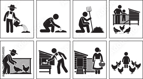 Poultry farming silhouettes set, farmer feeding chickens collecting eggs agriculture black vector illustration collection