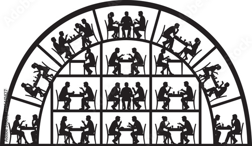 Restaurant dining silhouettes panorama, people eating drinking talking at tables social gathering black vector illustration set