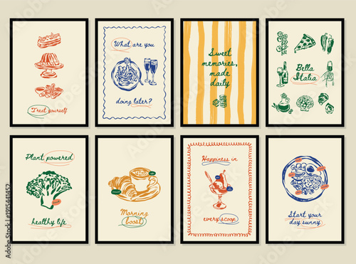 Whimsical hand drawn food and beverage vector illustration set. La Dolce Vita doodles. Art for postcards, branding, logo design, background.