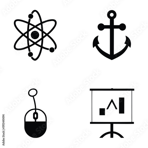 Four black and white representing science and technology concepts atom 1