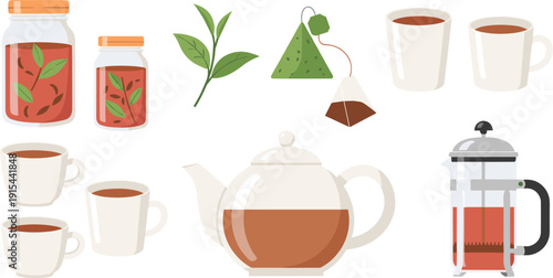 Complete Tea Brewing Set Featuring Glass Teapot French Press Tea Bags Mason Jars and Ceramic Mugs for Cafe Menu and Healthy Lifestyle Designs