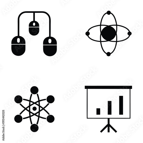 Four black and white science and education including atomic models and a presentation chart