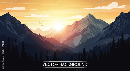 Stunning vector illustration of a mountain landscape at sunrise, golden light illuminating dense forest valleys and majestic peaks, reflecting the serene essence of wilderness