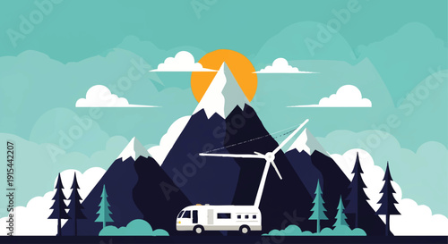 Scenic illustration of an eco-friendly camper van, featuring a wind turbine, journeying through majestic mountains, symbolizing sustainable travel, renewable energy, and outdoor adventure
