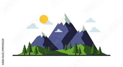 Vibrant flat illustration of a majestic mountain range under a sunny sky, surrounded by lush green trees and fluffy clouds