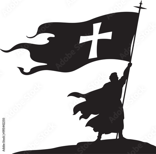 Silhouette of a medieval knight holding a cross flag on a hill, dynamic