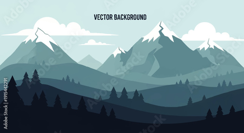 Stunning vector landscape illustration capturing majestic snow-capped mountains, rolling hills, and a serene forest, ideal for nature-themed backgrounds and tranquil scenery