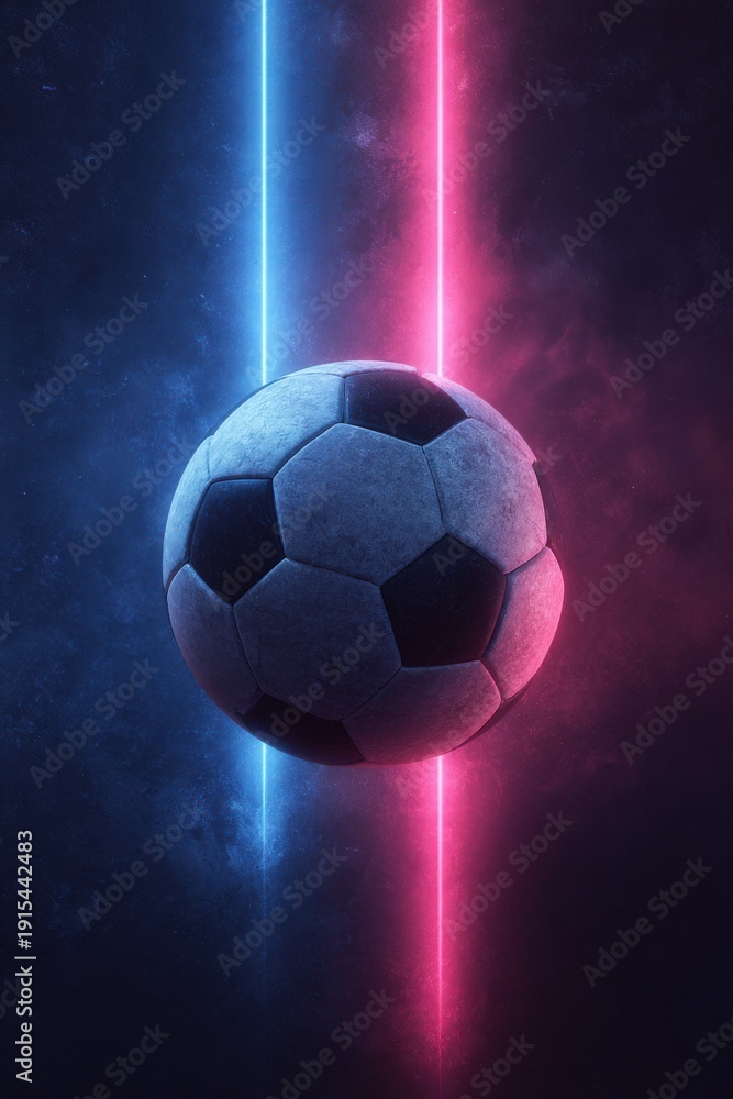 Naklejka premium Neon Soccer Ball: A dynamic image of a soccer ball illuminated by vibrant neon lights, symbolizing energy, passion, and the spirit of the sport.