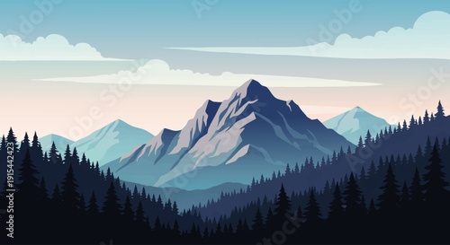 Flat design landscape illustration of majestic minimalist mountains and serene evergreen forests under a soft pastel sky, capturing the tranquil beauty of nature