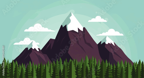 Scenic Vector Illustration of a Majestic Mountain Landscape with Snow-Capped Peaks and Lush Pine Forest Under a Clear Blue Sky – Serene Nature Vista