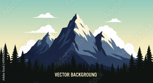 Vector illustration of majestic snow-capped mountains against a gradient sky with stylized clouds and pine trees in the foreground, perfect for nature-themed designs and outdoor adventure branding