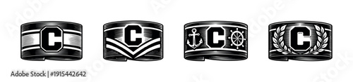 Nautical badge designs. flat vector icons set with maritime symbols and captain insignias