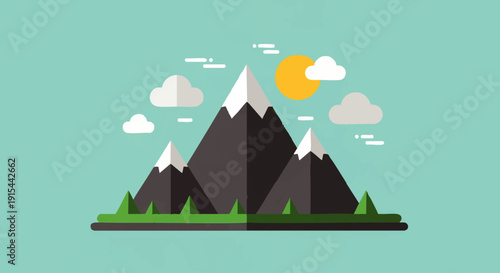 Flat design illustration of an airplane flying over a majestic mountain range and serene lake under a glowing sunset, symbolizing adventurous travel and nature's beauty
