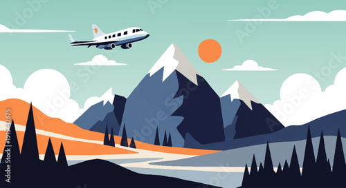 A scenic landscape illustration featuring a plane flying over mountains and a river under a bright sun