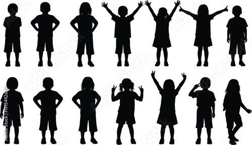 Collection of children silhouettes in playful standing jumping and posing gestures isolated on light background for education and activity design