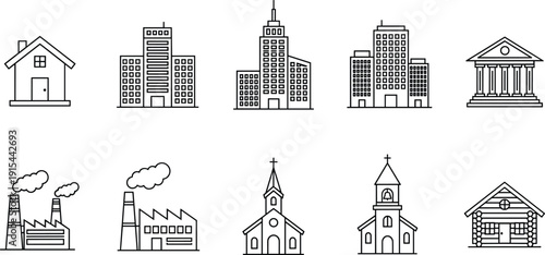 Collection of building line icons including houses offices factories churches and civic architecture isolated on light background for urban design projects