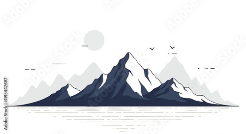 Minimalist vector illustration of majestic mountain peaks, capturing serene alpine beauty and the tranquil vastness of nature's grandeur