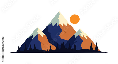 Geometric flat design illustration of snow-capped mountains and evergreen trees under a bright orange sun, evoking a serene natural landscape with a modern aesthetic