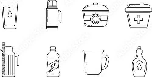 Minimalist line icon set of hydration bottles thermos cups medicine container and kitchen jars isolated on light background for web print