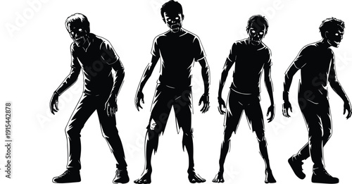 Realistic zombie silhouette illustration, creepy undead horror characters standing and walking isolated on white background for Halloween design