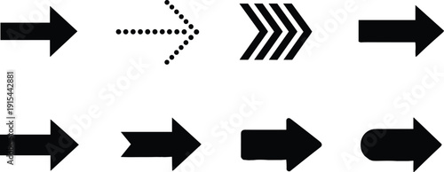 Set of bold right pointing arrow icons in solid dotted and striped styles isolated on light background for navigation design