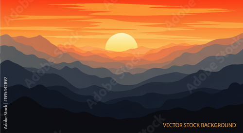 Vibrant and majestic mountain landscape at sunset, showcasing a breathtaking sky with a radiant sun dipping behind layered peaks, evoking a sense of tranquility and natural beauty