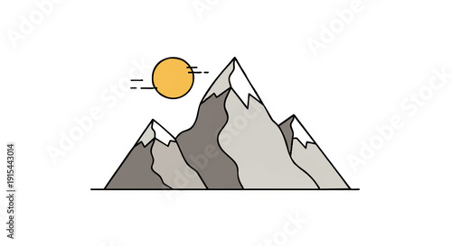 Minimalist vector graphic depicting a majestic mountain range with snow-covered summits and a shining sun, perfect for outdoor adventure and travel themes