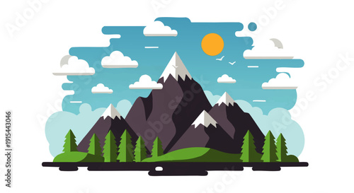 Flat design illustration of a majestic mountain landscape. Features snow-capped peaks, green trees, and a bright sun. Ideal for digital projects on nature, travel, and outdoor themes