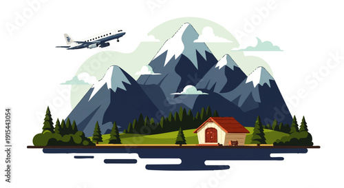 Flat design illustration of a mountain landscape with snow-capped peaks, a cabin, forests, and an airplane in flight, symbolizing travel and nature adventure