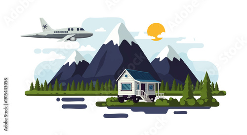 Flat design illustration of a mountain landscape with a house, trees, and an airplane flying. Represents peaceful travel and a serene nature escape