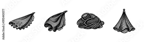 Fishing nets collection. flat vector icons set. maritime and nautical elements.