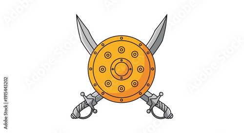 Illustration of a traditional Maratha warrior shield and crossed swords, symbolizing Indian historical heroism and Maratha empire theme with a saffron color scheme.