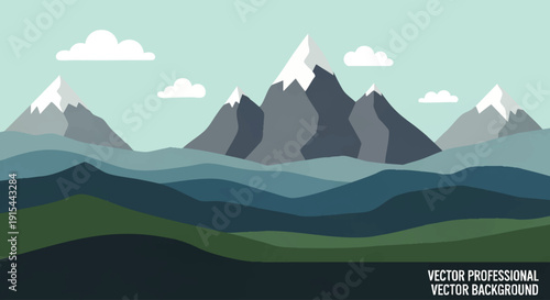 A tranquil flat design vector illustration of a serene mountain landscape featuring layered snow-capped peaks, undulating green hills, and soft clouds under a calm blue sky