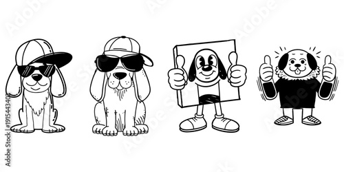 Retro hand drawn dog stickers in black and white,silhouette vector files, great puppy character vector mascot collection for coloring or design.