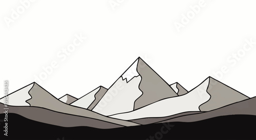 Minimalist black and white illustration of a vast mountain range, featuring stylized snow-capped peaks and undulating terrain, evoking a serene and modern natural landscape