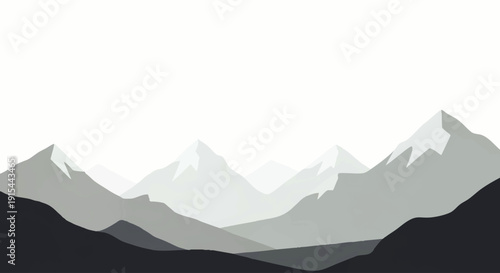 Serene minimalist landscape featuring layered mountain ranges in monochrome shades, creating a tranquil and modern design background with a sense of depth and tranquility