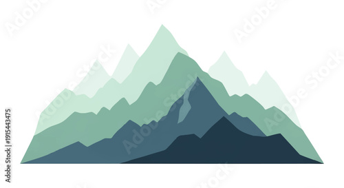 Flat design vector illustration of a majestic mountain range. Snow-capped peaks and layered green and blue slopes create a serene natural landscape