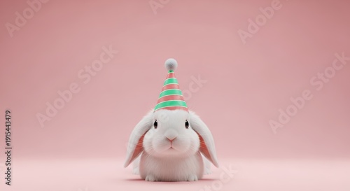 Adorable white rabbit wearing a colorful party hat on a soft pink background.
