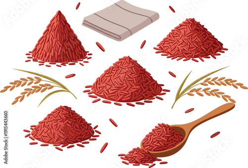 Red Rice Grain Illustration Set Organic Whole Food Ingredient Piles with Spoon and Ears Healthy Cereal Vector Collection