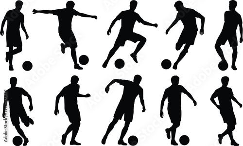 Soccer player silhouettes set, football dribbling and kicking poses vector collection isolated on white background