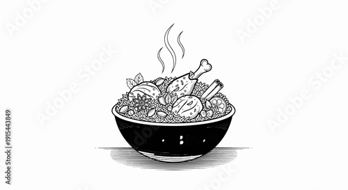 A steaming bowl of rice dish with chicken legs and spices, illustrated