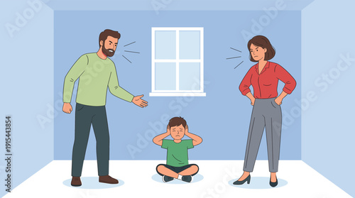 Parents Arguing Loudly While Their Sad Child Covers Ears Sitting on Floor in Empty Room During a Bitter Family Conflict