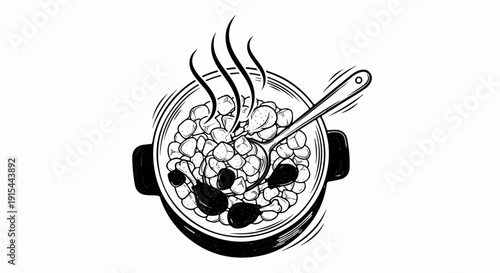 A steaming pot of food with a spoon, illustration