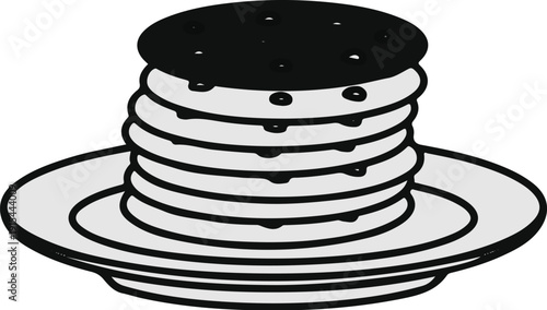 A stack of circular pancakes topped with dark syrup on a plate