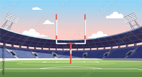 A sports stadium with goal posts and spectator stands under a pastel sky