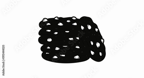 A stack of dark, round cookies with white chips, drawn simply