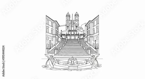 A sketched fountain and grand staircase lead to a domed church facade