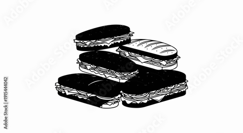 A stack of black and white line art drawings of several layered sandwiches